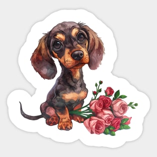 Valentine Dachshund Dog Giving Flowers Sticker